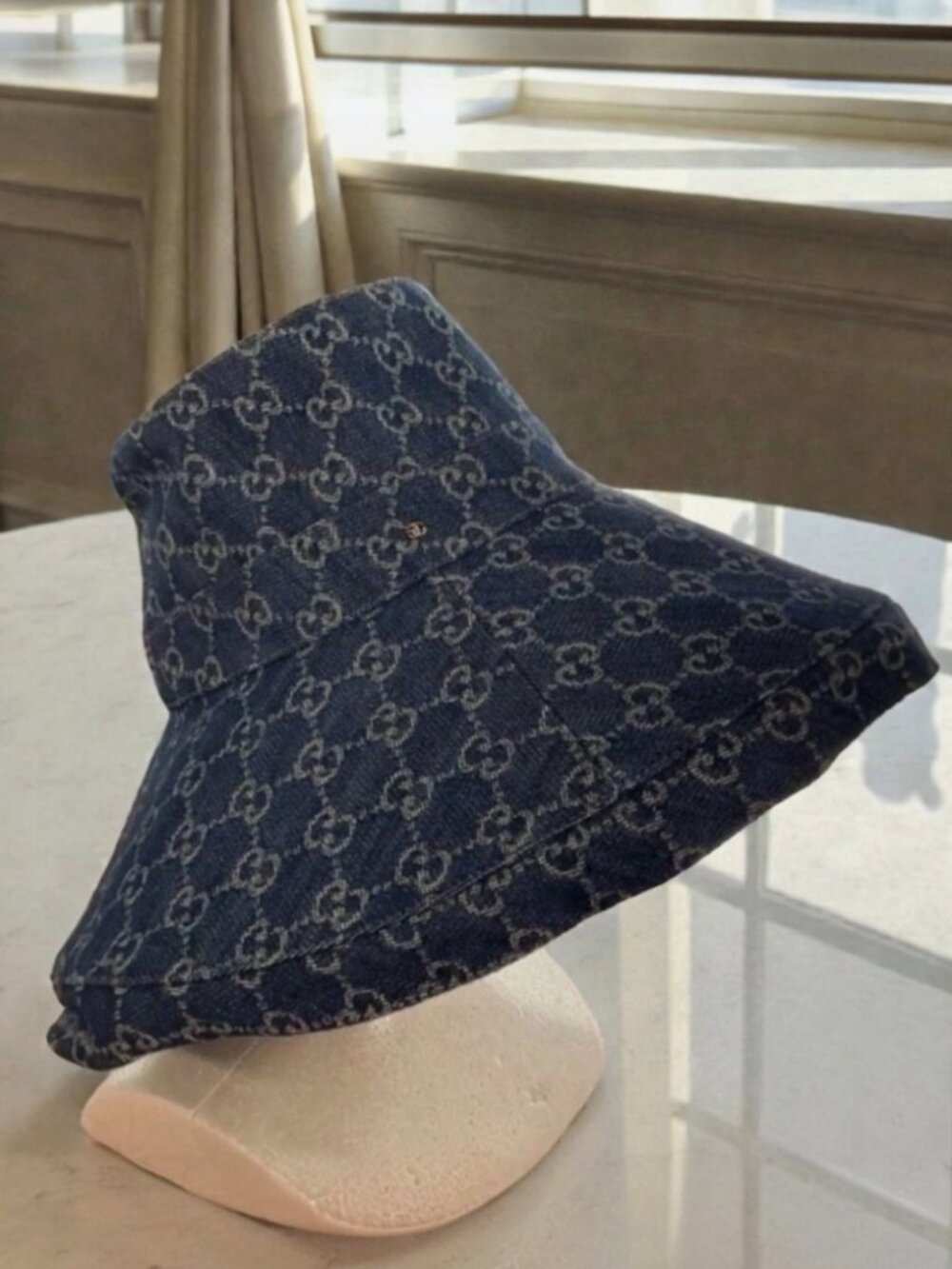 Auth GUCCI GG Canvas Wide Brim Hat Blue Eco Denim Bucket Sun Hat Incl Dust Bag M - Picture 3 of 10